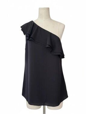Theory 100% Silk One Shoulder Ruffle Blouse Top Black Size Large